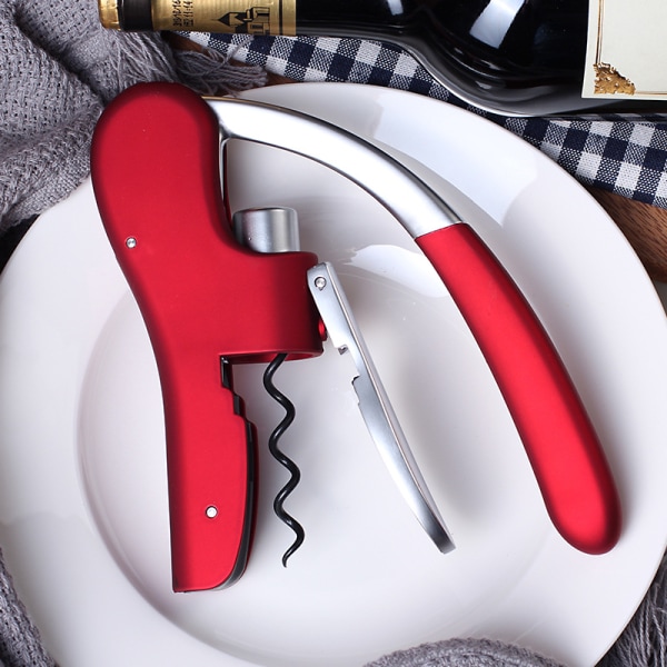 Korketrekker, vinflaskeåpner med innebygd foliekutter, rød og krom Red