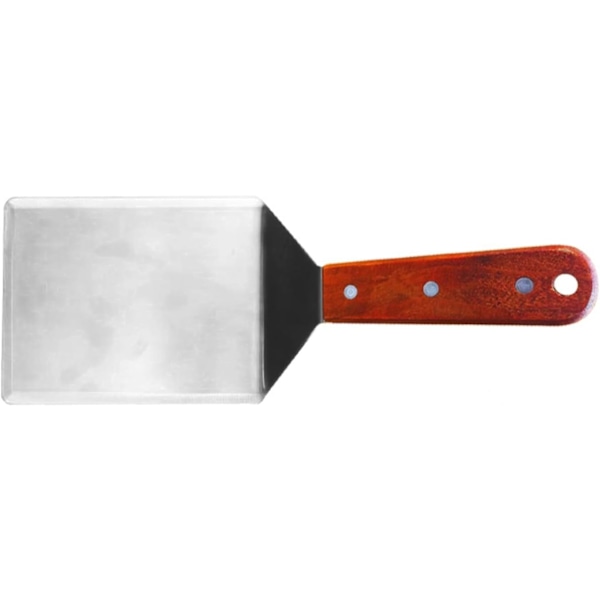 Rustfrit stålspatel, metals spatler vender skraber til støbejernspande, BBQ grillplade spatel med træhåndtag, firkantet skovl