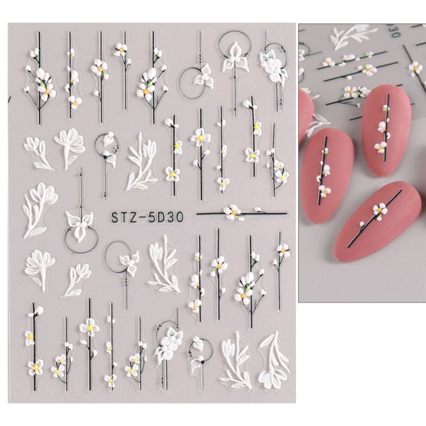 3D prægede blomsterforårs neglekunstklistermærker Selvklæbende 5D sommerfarverige blomsternegletilbehør Dekorationstilbehør 4 ark 4pc