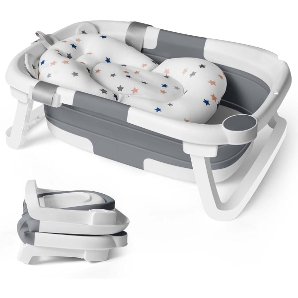 Baby hopfällbart, med sittstödsdyna Stativ Fällbart badkar för toddler 0-12 månader Resor Bärbara spädbarnsbadkar Mjuka badande barn (grå) Gray