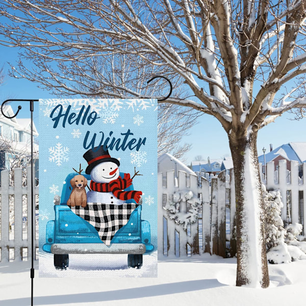 Hello Winter Hageflagg 12x18 Dobbeltsidig, Burlap Liten Vertikal Buffalo Rutete Vinter Lastebil Hage Hage Husflagg (KUN FLAGG)