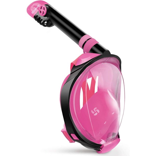 Helmask Snorkelmask med Senaste Torrt Opp System, Vikbar 180 Graders Panoramasyn Snorkling Mask - Rosa - L