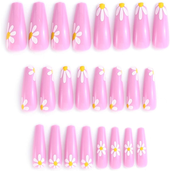 Ballerina Blomst Falske Negl Spring Stick On Negl Rosa Kunst Falske Negl 24stk Akryl Trykk På Negl for Kvinner og Jenter