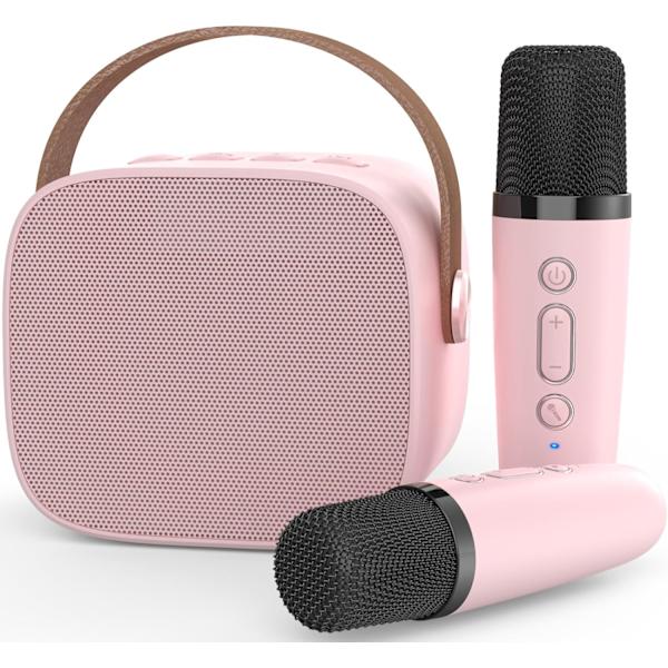 Mini Karaoke-maskin, roliga leksaker julklappar födelsedagspresenter till barn i åldern 4-12 flickor, pojkar, vuxna (rosa 2 mikrofoner)