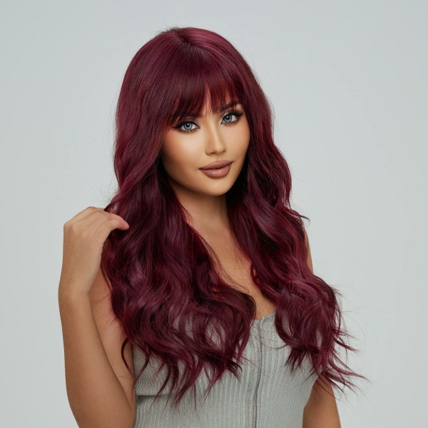 Wigs for Women Long Wavy Wigs with Bangs Synthetic Fiber Wigs for White Women (Wine Red)