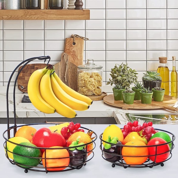 2-lagers fruktkorg med bananhållare Stående Dagligt kök Modern fruktskål Praktiska fruktkorgar Grönsakskorg Metall Svart