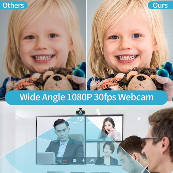 USB-webkamera for stasjonære og bærbare datamaskiner med mini-plug and play videosamtaler, innebygd mikrofon og fleksibel roterende klips 1080P USB-kamera svart
