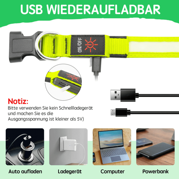 Lysende Hundehalsbånd, Lysende Hundehalsbånd, Genopladeligt Hundehalsbånd, Lysende LED-Halsbånd til Hunde, Justerbar Størrelse, 3 Lystilstande (S, Grøn)