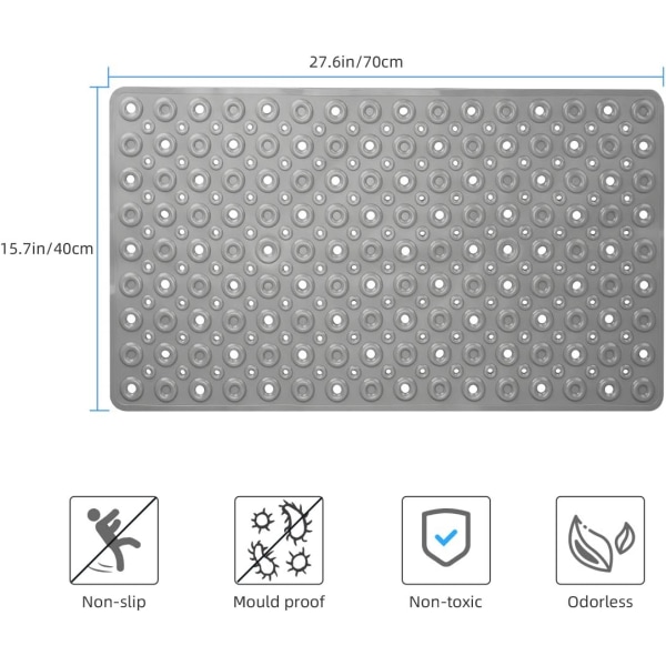 Sklisikker badematte dusjmatter Antimugg for bad og badekar med stor sugekopp og tykk gummiunderlag Lang 70 x 40 cm, grå
