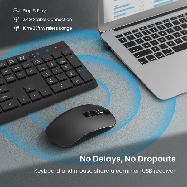 Trådlöst tangentbord och set, trådlöst tangentbord ergonomisk design och tyst USB sladdlös muskombination, för Windows-dator PC Laptop Desktop, svart
