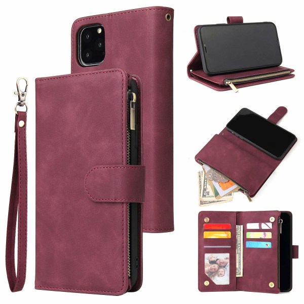Case för iPhone 11, Handväska Dragkedja Case Kickstand Korthållare Fack med handledsrem TPU Stötsäkert Flip Cover för iPhone 11 - Vinröd Red