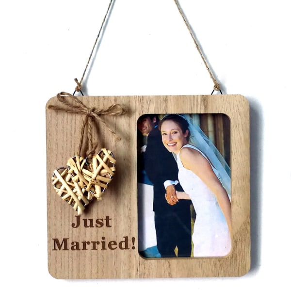 Just Married bryllup fotoramme, 7,8"*7,08" rustikk par fotoramme Personlig ramme med vevt hjerte for brudedusjgaver
