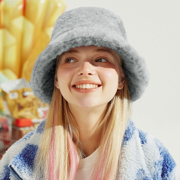 Vinter Bucket Hat - Kvinder Plysset Fisker Hat Varm Pil Lamb Wool Bucket Hat Fuzzy Pels Faux Pels Blød Fortykke Bred Skygge Plys Hat til Kvinder Piger Gray