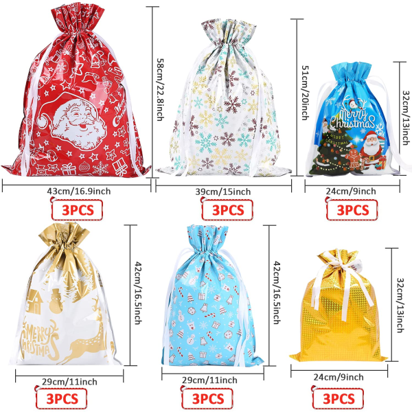 18 STK julegaveposer med snøring, julegaveposer 4 størrelser X-Large, Large, Medium og Small, 6 forskjellige design
