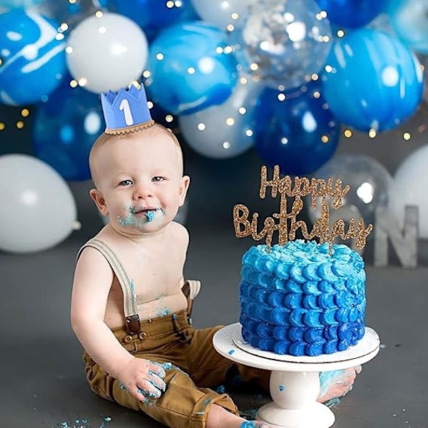 Första födelsedagskrona för bebis, 1-års födelsedagshätta med elastiskt band, koncis söt födelsedagshätta dekorationer (blå)