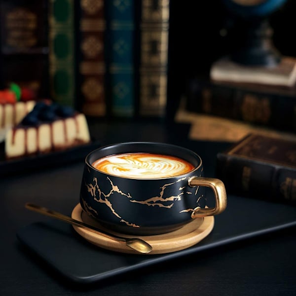 2 stk. Cappuccino kopper med underkop, Marmor kop, 300ml porcelæn Espresso kopper til te kaffe Cappuccino, Kaffe kopper med træskive (Sort*2) Black*2