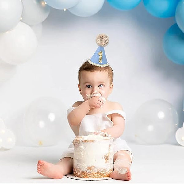 Första födelsedagshatt för bebis - 1-års kalasdekoration för bebisvisning, 1-års outfit flicka pojke, blå födelsedagshatt