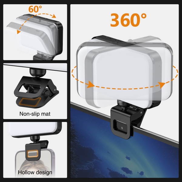 Videokonferanselys, videolys med klips 3 lysmoduser, 1000mAh roterende selfielys for mobiltelefon/bærbar PC/monitor Black