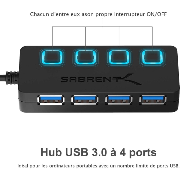 USB 3.2 Hub, 4 Port USB Data Hub, High Speed ​​USB Adapter, Multiport USB med individuelle strømafbrydere og indikatorer (HB-UM43)