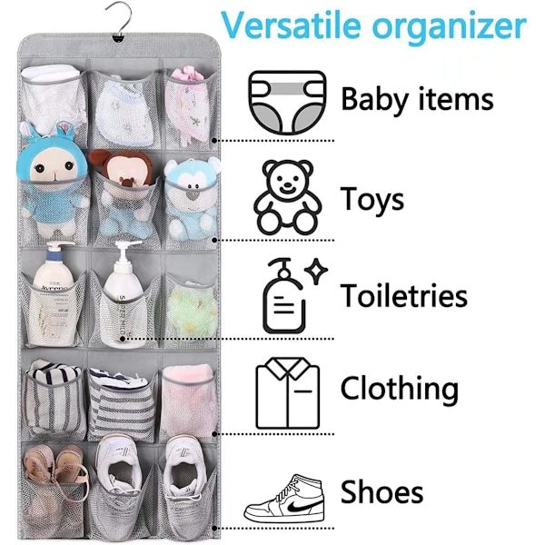 30 store lommer sko hængende opbevaring arrangør til garderobeskinne rack dobbeltsidet med roterende bøjle mesh sko arrangør, grå Gray