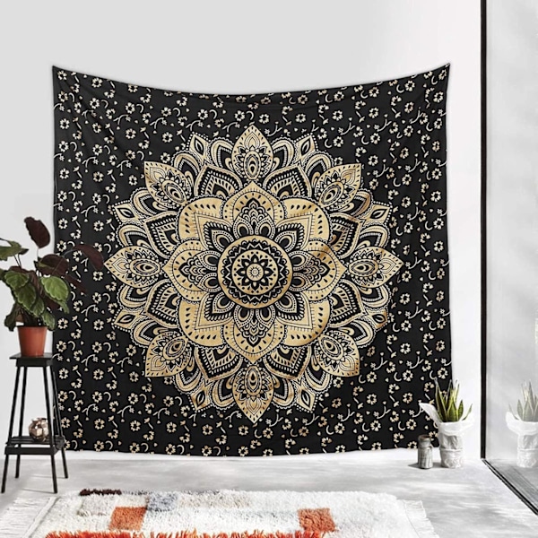 Gobelíni Mandala, Boho seinäkoriste, Musta kulta esteettinen huonekoriste, Seinäkangas Psykedeelinen seinävaate 100x150 cm C 100*150cm