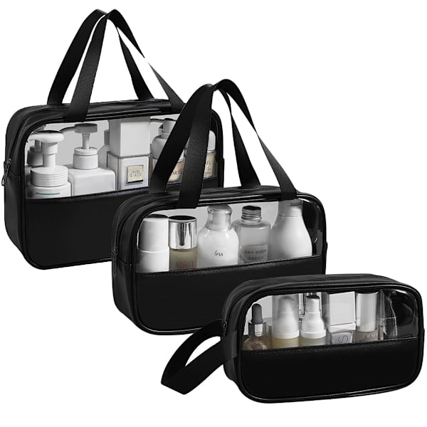 Transparent kosmetisk väska, 3-pack, vattentät PVC necessär för kvinnor, lätt sminkväska för kosmetika, necessär resekit black