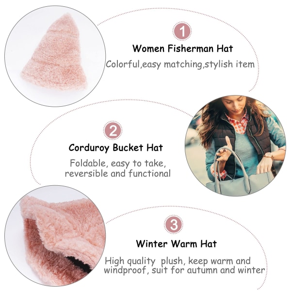 Vinter Bucket Hat - Kvinder Plysset Fisker Hat Varm Pil Lamb Wool Bucket Hat Fuzzy Pels Faux Pels Blød Fortykke Bred Skygge Plys Hat til Kvinder Piger Pink