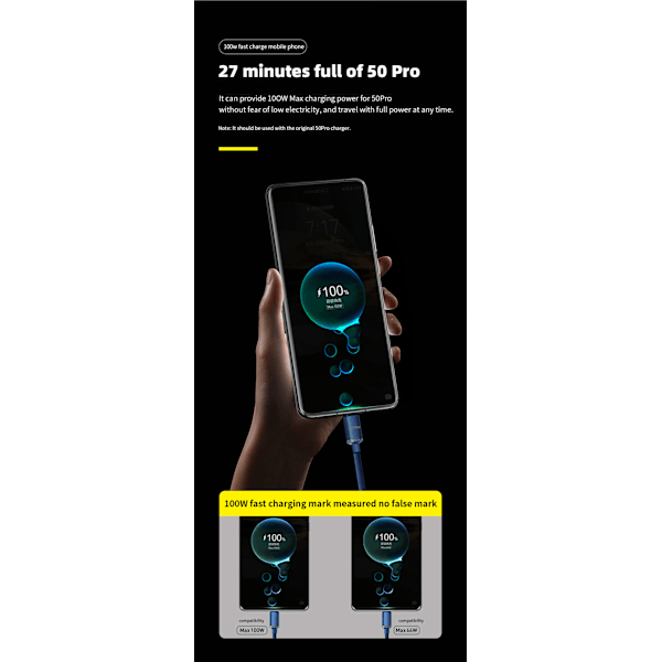 120 W Supernopea PD Type C -latauskaapeli Samsung Xiaomi Huawei -matkapuhelimille, USB C -kaapeli, maksimivirta 6 A