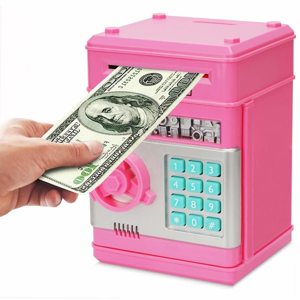 Elektronisk sparegris, Mini ATM Adgangskode Pengebank Kontantmønter sparekasse, tegneserie pengeskabskasse Perfekte legetøjsgaver (Pink) Pink