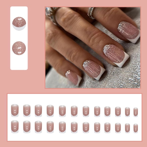 Ranskalaiset kärjet - Paina kynnet neliö - Flash Press on Nails lyhyet - Kiiltävät keinotekoiset kynnet liimalla - Luonnolliset täyspeite keinotekoiset kynnen kärjet keinotekoinen sormi