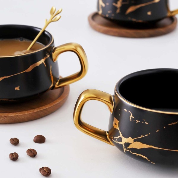 Cappuccino Kopper med Underkopper, 300ml Porcelæn Espresso Kopper til Te Kaffe Cappuccino, Kaffe Kopper med Træskive - Sort Black