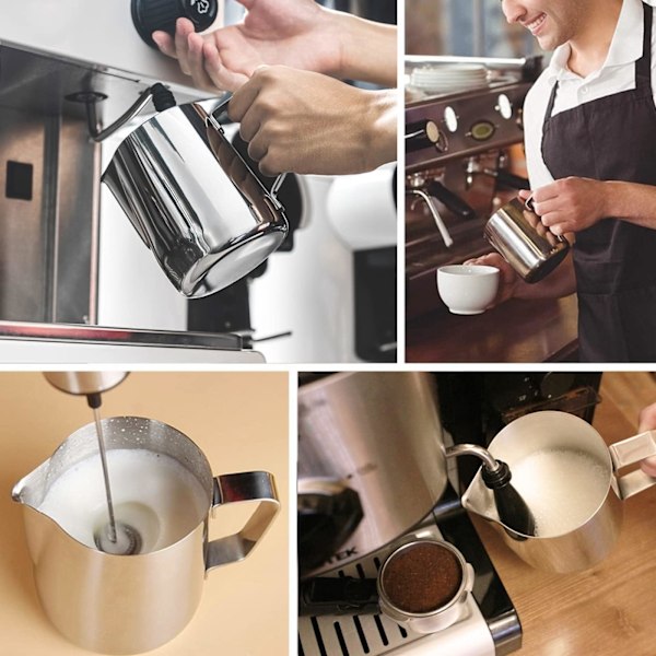 Rustfrit stål espressokande til mælkeskumnig, kande til mælkeskumnig til kaffemaskiner, cappuccino, latte art, sølv, 350 ml