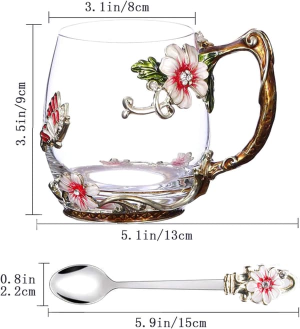 Blomster tekoppar, glasmugg med skedset, årsdagar, bröllop, förlovningar, (fjärilsblomma rosa kort 12oz)