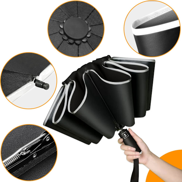 Omvendt paraply, automatisk folde paraply med 10 ribben, anti-vind, anti-storm (sort) Black