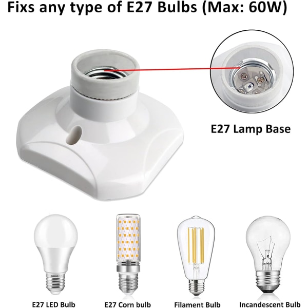 E27 Skru inn takkontakt, E27 Garasjekontakt, AC 220-240V, Kontaktbrakett, Hvit Plastlampebase, Sett med 6 6pc