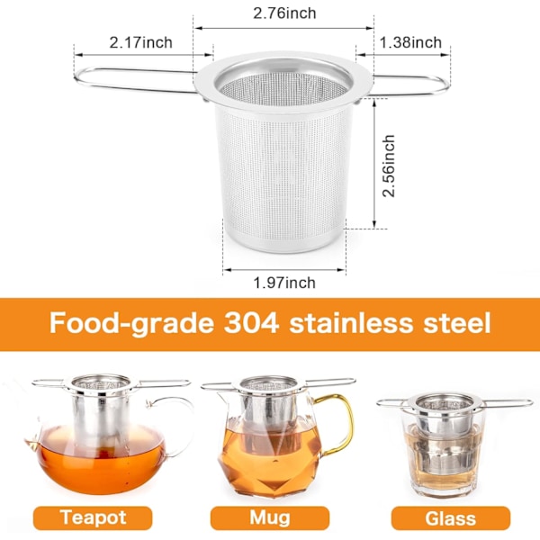 2 stk te-sil, te-infusjonskurv i rustfritt stål som sitter i krus, te-infusjoner for løs te, finmasket te-diffusor med langt håndtak