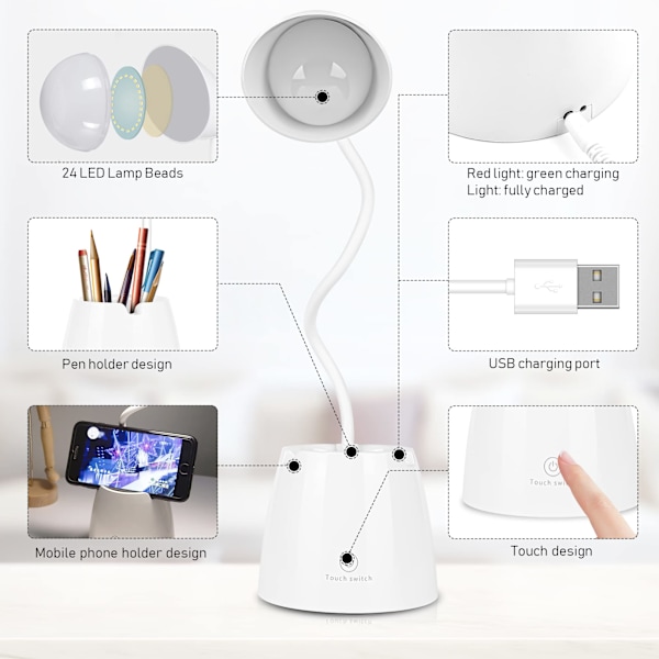 Børns skrivebordslampe, LED-dæmpbar 24 LED-øjenvenlig bordlampe 3 lysstyrkeniveauer USB-genopladelig berøringskontakt skrivebordslampe børn til læsning white