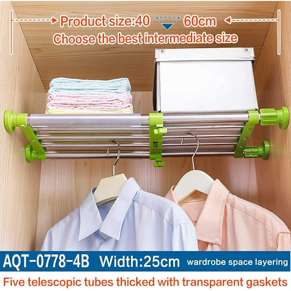 Skapspenningshylle, utvidbar metallhylle, justerbar arrangør, skillevegg for skap, garderobe, skap, bad (grønn) Green