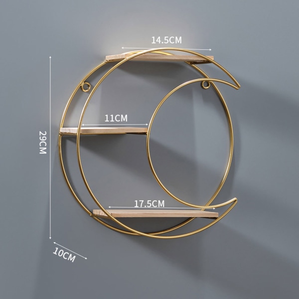 3-tasoinen seinähylly metallia ja puuta | Säilytys | Kuun muotoinen | Asunnon ja asuntolan koriste | Makuuhuoneen ja asuntolan koriste gold
