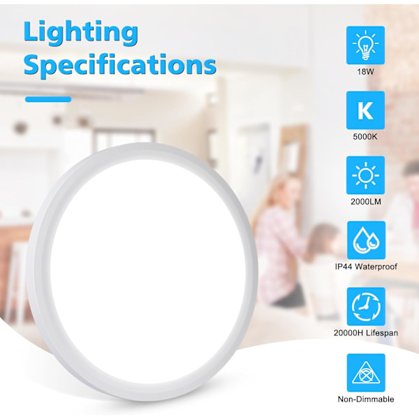 18W LED Taklampe, 2000LM Dagslys Hvit 5000K Rund Taklampe Ø 23cm Hvit, Vanntett IP44, Flush Taklampe for Stue, Soverom