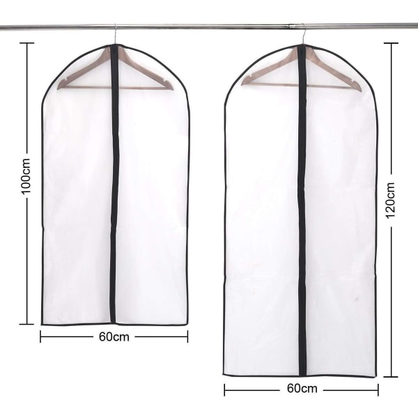 Klädpåsar 6-pack, transparenta kostympåsar, 120 x 60 cm + 100 x 60 cm andningsbar tygkostympåse för kostymer, klänningar, rockar