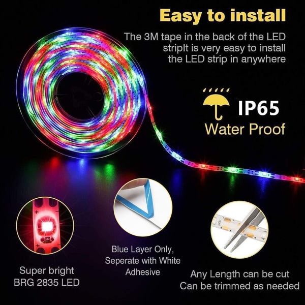 3m:n paristokäyttöiset RGB LED-nauhavalot kaukosäätimellä, vedenpitävät joustavat liimavalot sisä- ja ulkokäyttöön color