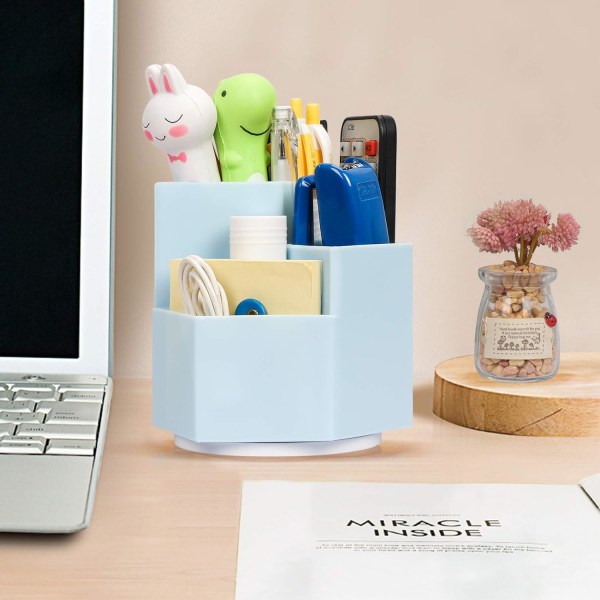 Sminkebørsteholder, pennholder, [360 grader roterbar] pennebeholder for skrivesaker med 3 rom, skrivebordsorganisering for skrivesaker, blå Blue