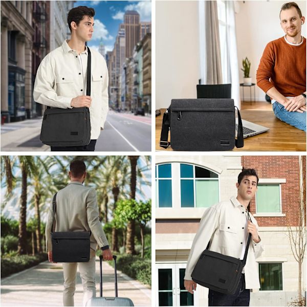 Messenger Bags, Herr Canvas Axelväska Retro Laptop Portfölj med Flera Fack för Skola Resa Affärer, Passar för 13 Tums Laptop（Svart） Black