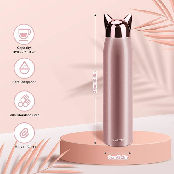 Søt katt vannflaske, rustfritt stål isolerte vannflasker termos vakuum reise kaffekopp, 320 ml/10,8 oz (rosa) Pink
