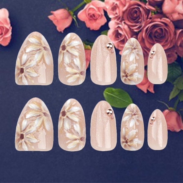 24 stk. 3D Blomster Tryk-på Negle til DIY Manicure Glansfuld Gul Blomst Akryl Medium Mandel Falske Negle Gel Lim på Negle Perler Falske Negle