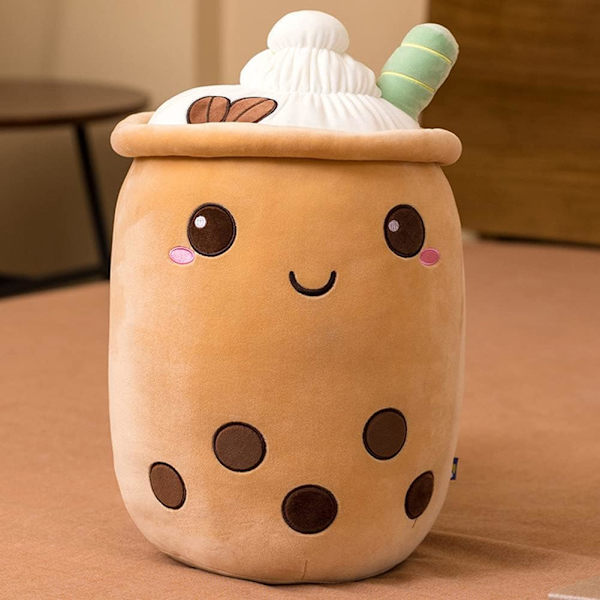 Bubbelteplyschkudde, söt mjölktekoppplysch bubbelte mjuk leksak med jordgubbar, bubbeltekopp plyschleksak fylld kastkudde (brun) brown