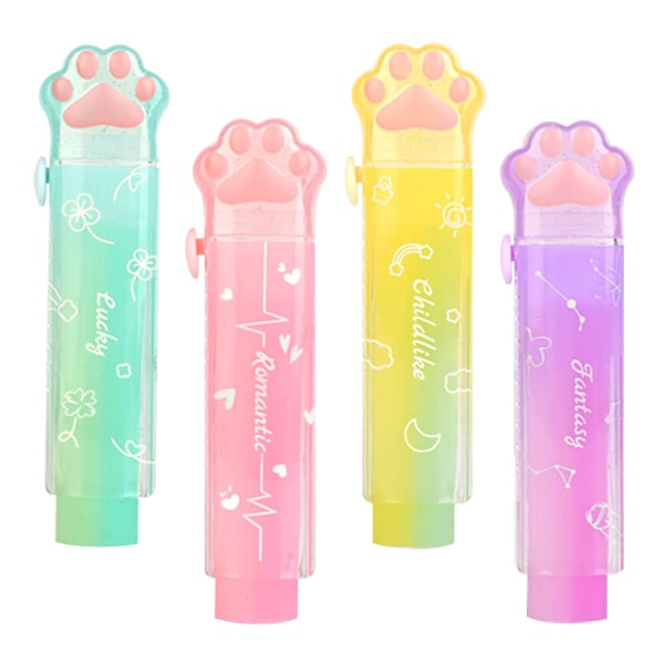Cat Paw Erasers, 4 stk Rainbow Color Cute Erasers Uttrekkbart Kawaii Eraser for Kids, Gummi Push-Pull Eraser