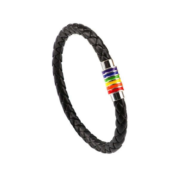 Gay Pride armband regnbågsarmband (2 förpackningar), par svart läderarmband herrarmband för kvinnor med regnbågsrandigt
