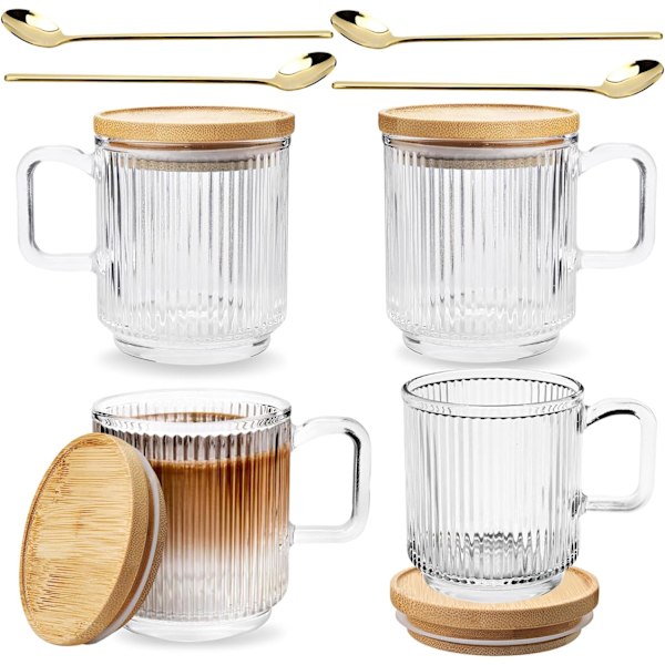 [4 stk., 12 OZ-Premium glas kaffekopper med låg og skeer, klassiske lodrette striber kaffekop, glaskopper til varme/kolde drikkevarer.